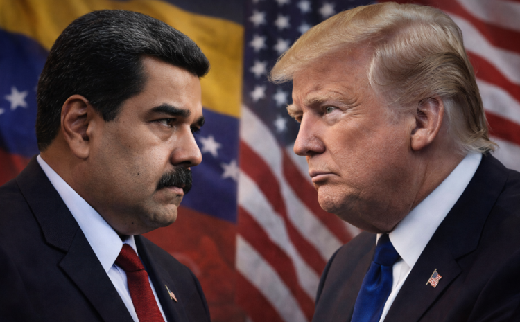 Venezuelas Präsident Nicolás Maduro und der ehemalige US-Präsident Donald Trump in einer symbolischen Gegenüberstellung vor dem Hintergrund ihrer Nationalflaggen.